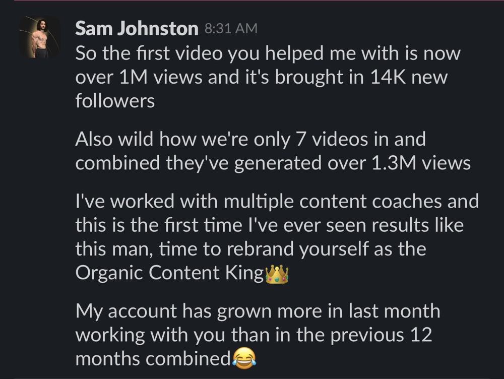 Message from Sam Johnston: first video over 1M views and 14K new followers