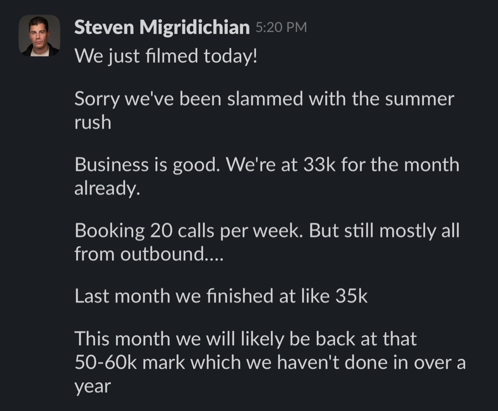 Message from Steven Migridichian: $33K for the month already